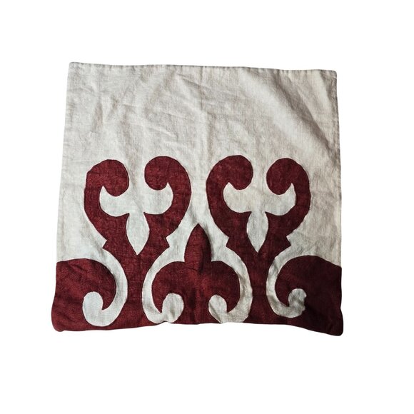Square Feathers Linen Pillow Cover With Red & White Ornamental Design 20x20